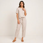 Zweiteiler für Damen mit Hose und Oberteil aus Leinen im lässigen Stil Beige 2