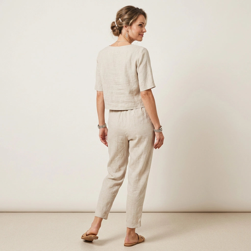 Zweiteiler für Damen mit Hose und Oberteil aus Leinen im lässigen Stil Beige 6