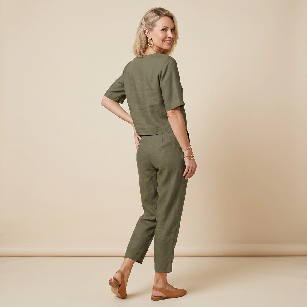 Zweiteiler für Damen mit Hose und Oberteil aus Leinen im lässigen Stil Dunkelgrün 7