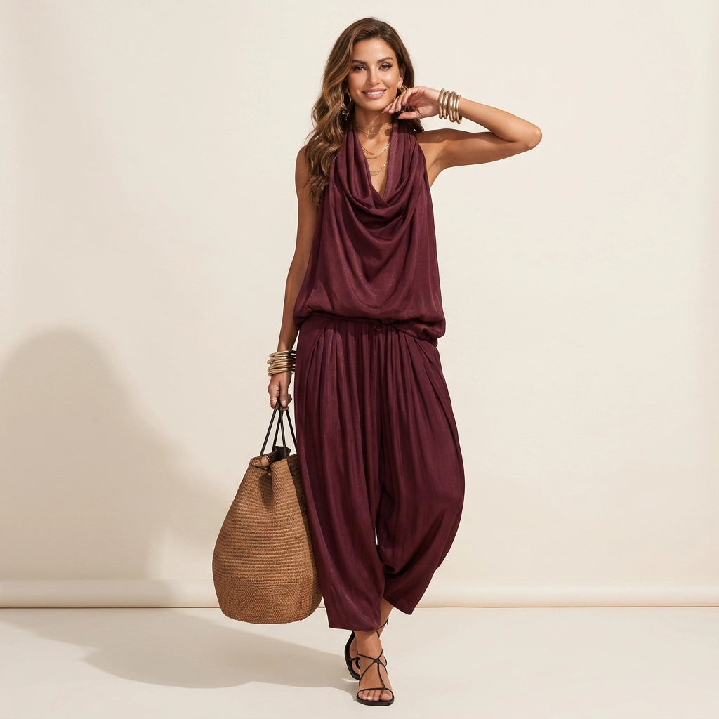 Zweiteiler für Damen mit Hose und Oberteil im Casual Stil Dunkelrot 7