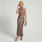 Zweiteiler für Damen mit Rock und Oberteil im festlichen Stil Taupe 7