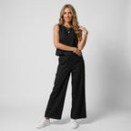 Zweiteiler für Damen mit weiter Hose aus Leinen für den Sommer Schwarz 1