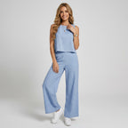 Zweiteiler für Damen mit weiter Hose aus Leinen für den Sommer Blau 2