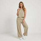 Zweiteiler für Damen mit weiter Hose aus Leinen für den Sommer Beige 3