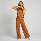 Zweiteiler für Damen mit weiter Hose aus Leinen für den Sommer Hellbraun 4