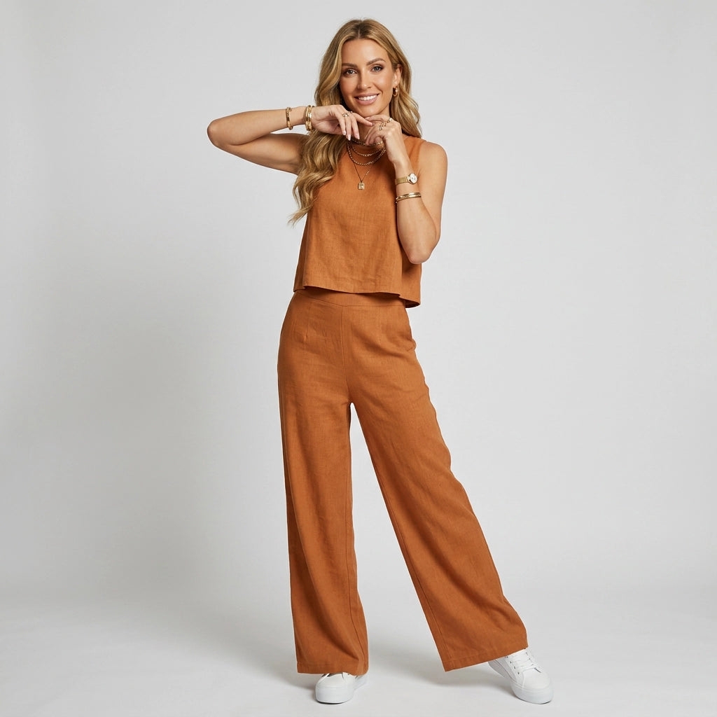 Zweiteiler für Damen mit weiter Hose aus Leinen für den Sommer Hellbraun 4