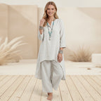 Zweiteiler für Damen mit weiter Hose aus Leinen im Boho-Stil Weiß 1