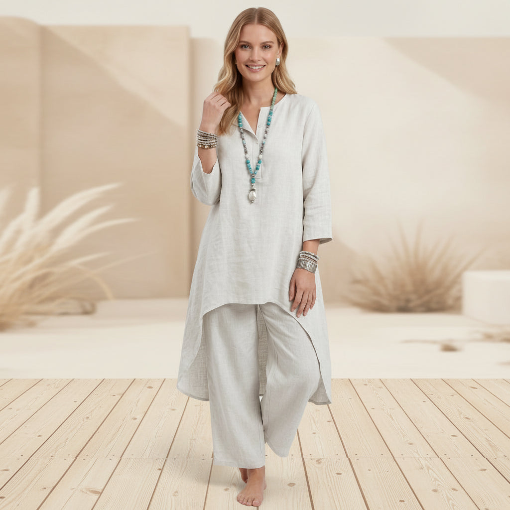 Zweiteiler für Damen mit weiter Hose aus Leinen im Boho-Stil Weiß 1