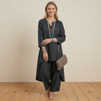 Zweiteiler für Damen mit weiter Hose aus Leinen im Boho-Stil Schwarz 10