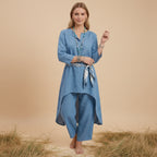 Zweiteiler für Damen mit weiter Hose aus Leinen im Boho-Stil Blau 3
