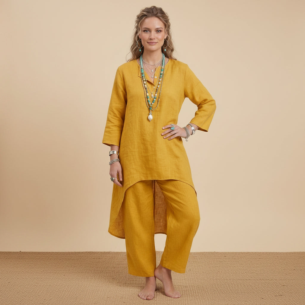 Zweiteiler für Damen mit weiter Hose aus Leinen im Boho-Stil Gelb 5