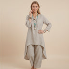 Zweiteiler für Damen mit weiter Hose aus Leinen im Boho-Stil Beige 6