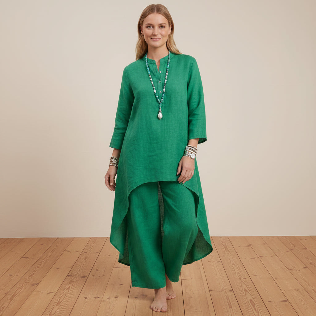 Zweiteiler für Damen mit weiter Hose aus Leinen im Boho-Stil Grün 7