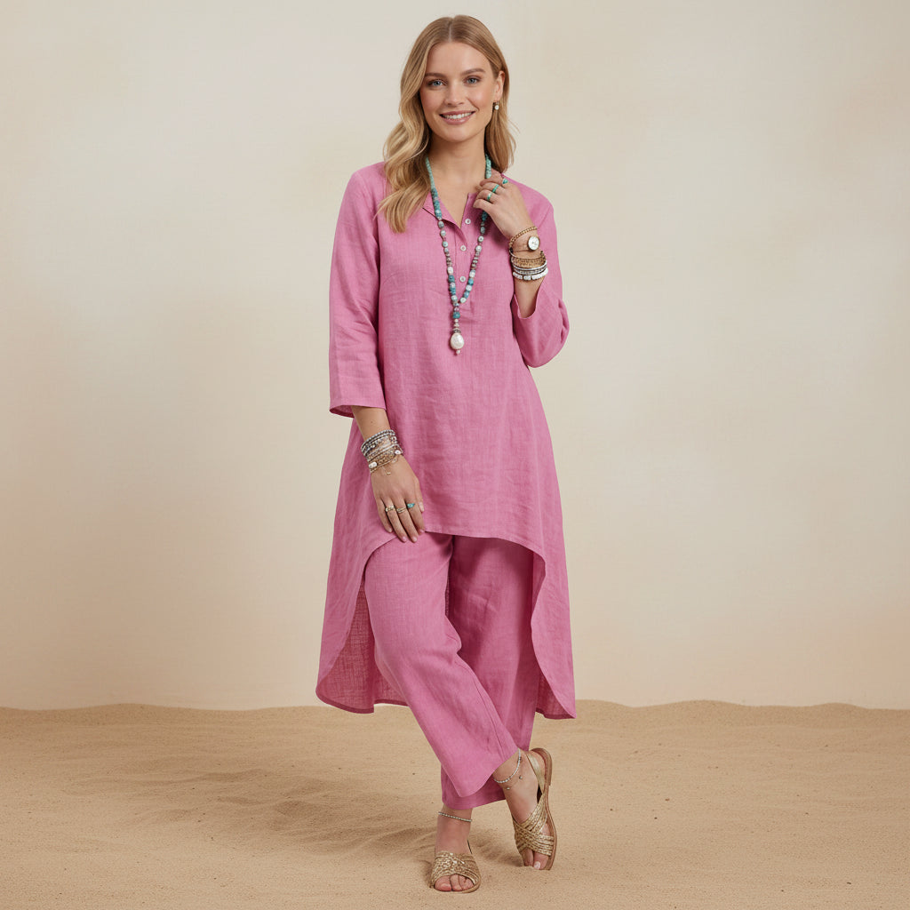 Zweiteiler für Damen mit weiter Hose aus Leinen im Boho-Stil Rosa 8