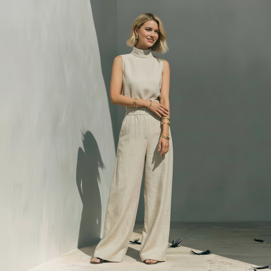Zweiteiler für Damen mit weiter Hose aus Leinen im eleganten Stil Beige 1