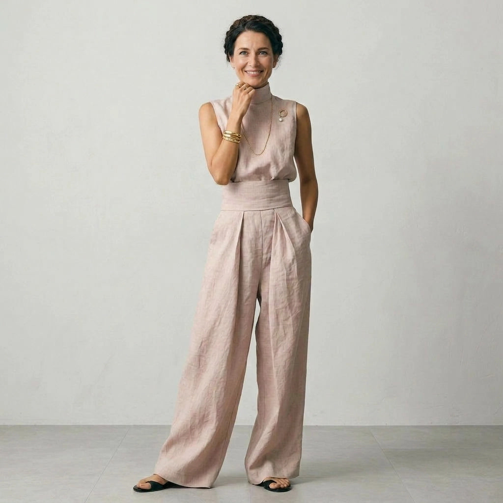 Zweiteiler für Damen mit weiter Hose und ärmellosem Oberteil im lässigen Stil