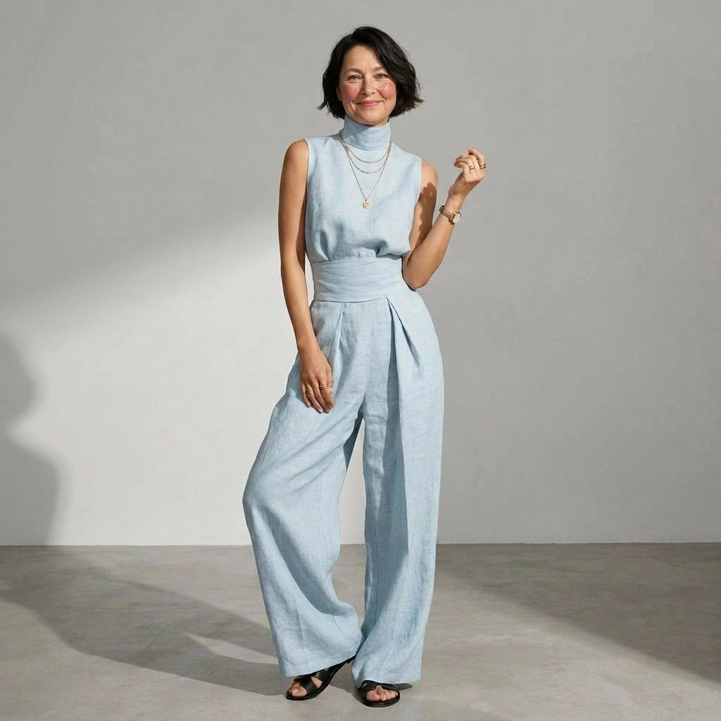 Zweiteiler für Damen mit weiter Hose und ärmellosem Oberteil im lässigen Stil