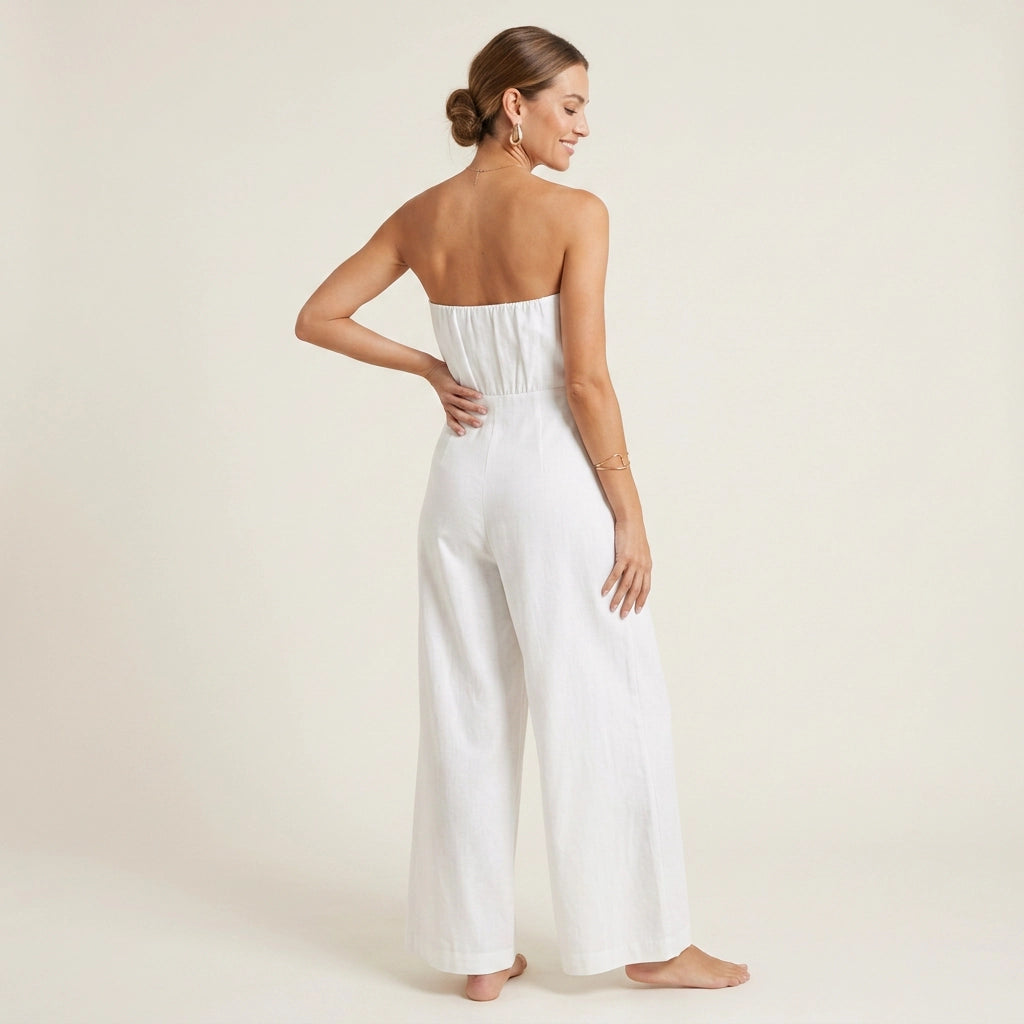 Zweiteiler für Damen mit weiter Hose aus Leinen im festlichen Stil Weiß 1