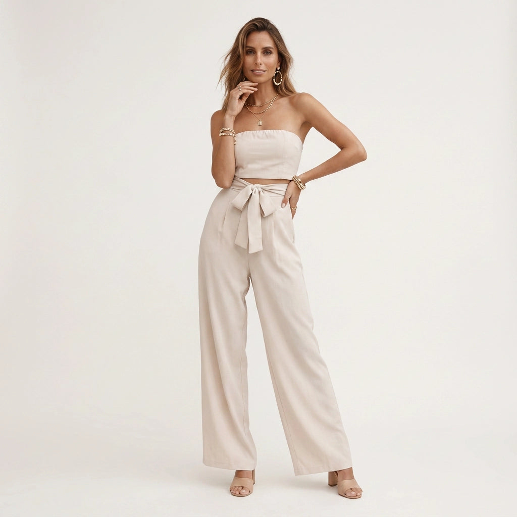 Zweiteiler für Damen mit weiter Hose aus Leinen im festlichen Stil Beige 3