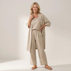 Sommer Set für Damen mit weiter Hose aus Leinen im lässigen Stil Beige 1