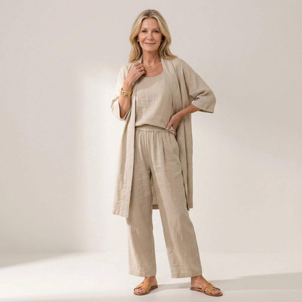 Sommer Set für Damen mit weiter Hose aus Leinen im lässigen Stil Beige 1