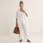 Sommer Set für Damen mit weiter Hose aus Leinen im lässigen Stil Weiß 2