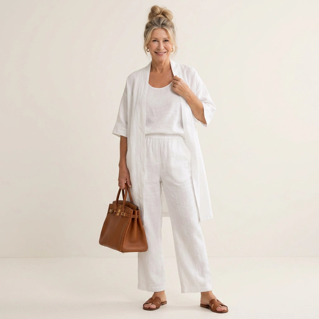 Sommer Set für Damen mit weiter Hose aus Leinen im lässigen Stil Weiß 2