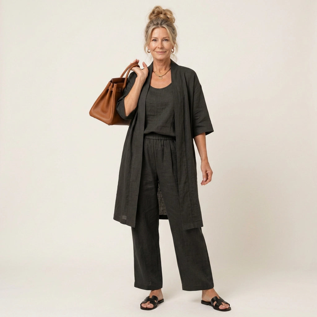 Sommer Set für Damen mit weiter Hose aus Leinen im lässigen Stil Schwarz 3