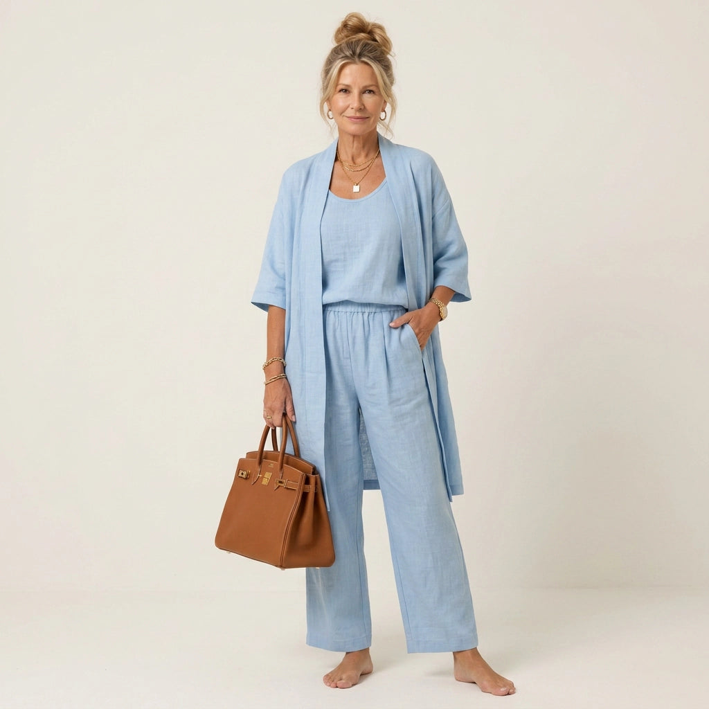 Sommer Set für Damen mit weiter Hose aus Leinen im lässigen Stil Blau 4