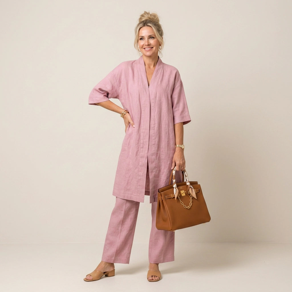 Sommer Set für Damen mit weiter Hose aus Leinen im lässigen Stil Rosa 5