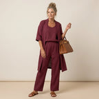 Sommer Set für Damen mit weiter Hose aus Leinen im lässigen Stil Rot 6
