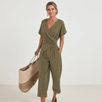 Zweiteiler für Damen mit weiter Hose aus Musselin im eleganten Stil Khaki 2