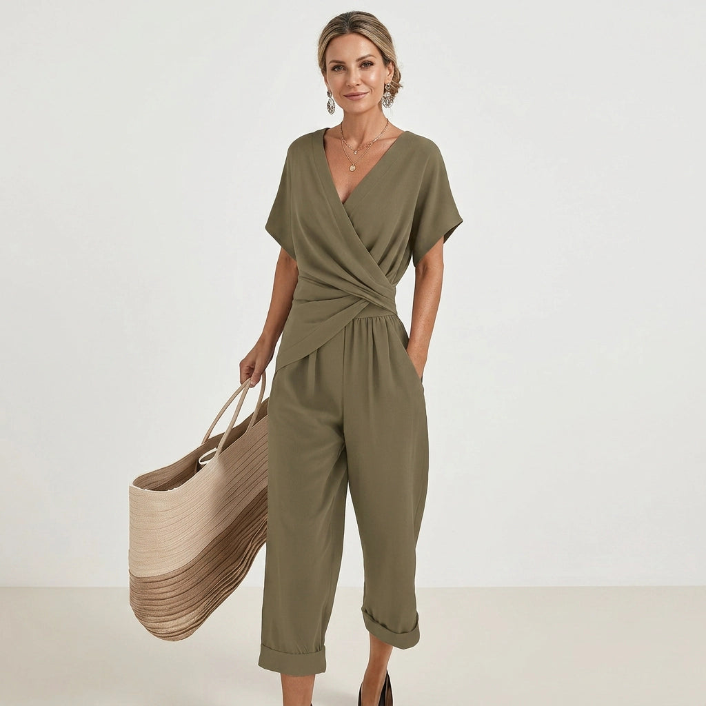 Zweiteiler für Damen mit weiter Hose aus Musselin im eleganten Stil Khaki 2