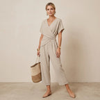 Zweiteiler für Damen mit weiter Hose aus Musselin im eleganten Stil Beige 3
