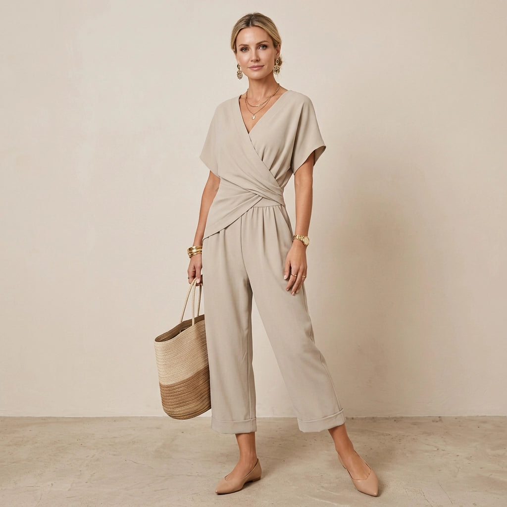 Zweiteiler für Damen mit weiter Hose aus Musselin im eleganten Stil Beige 3