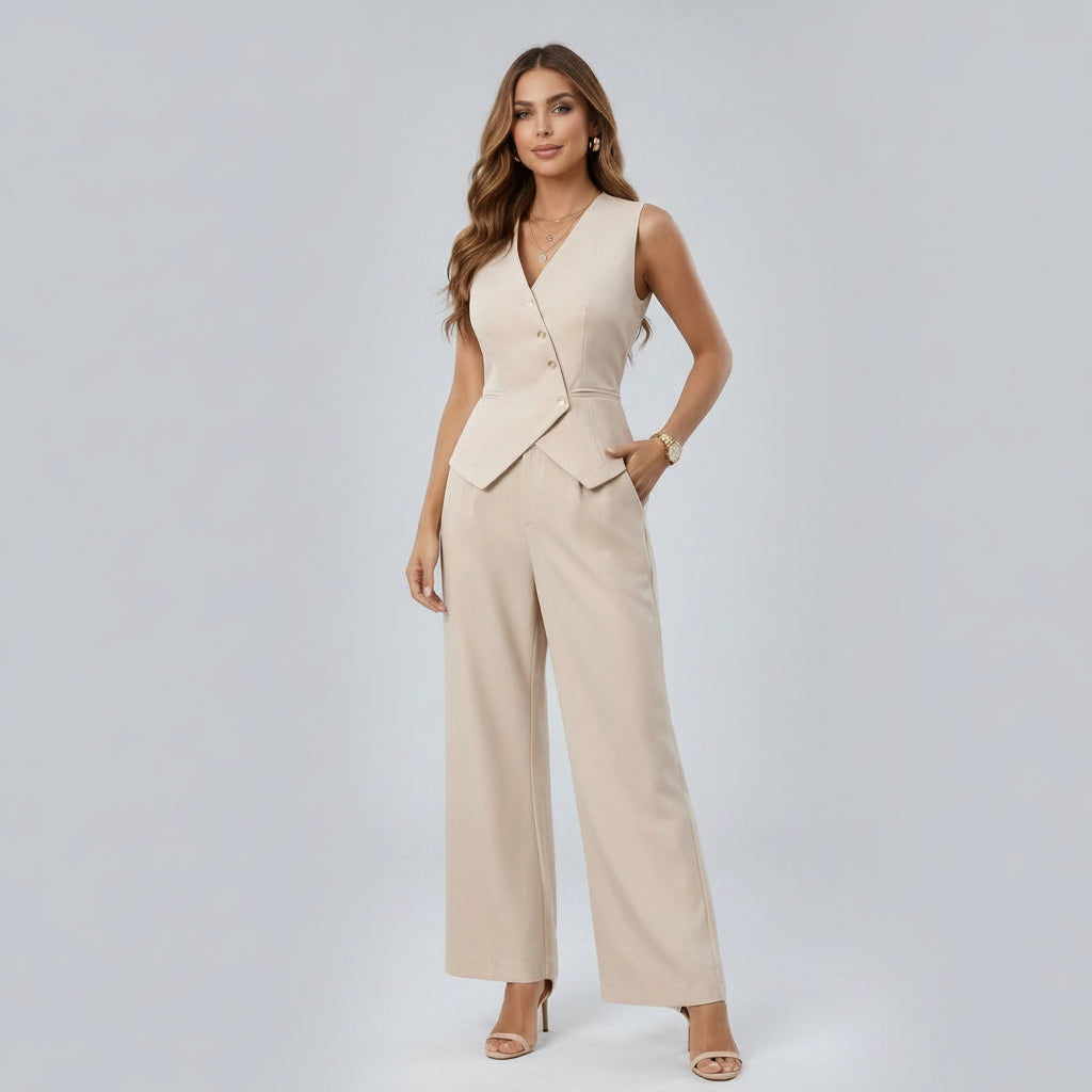Zweiteiler für Damen mit weiter Hose im eleganten Stil Beige 1