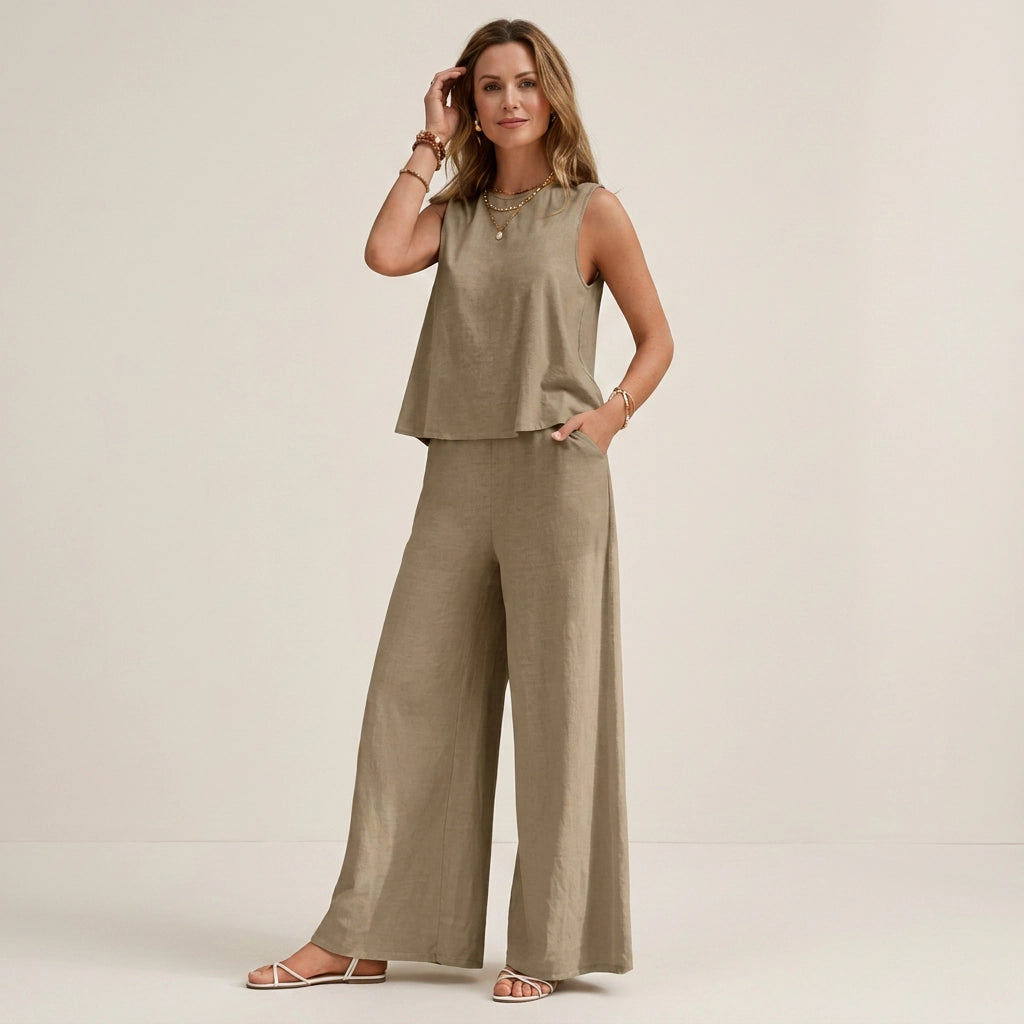 Zweiteiler mit weiter Hose aus Leinen Khaki 1