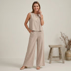 Zweiteiler mit weiter Hose aus Leinen Beige 2