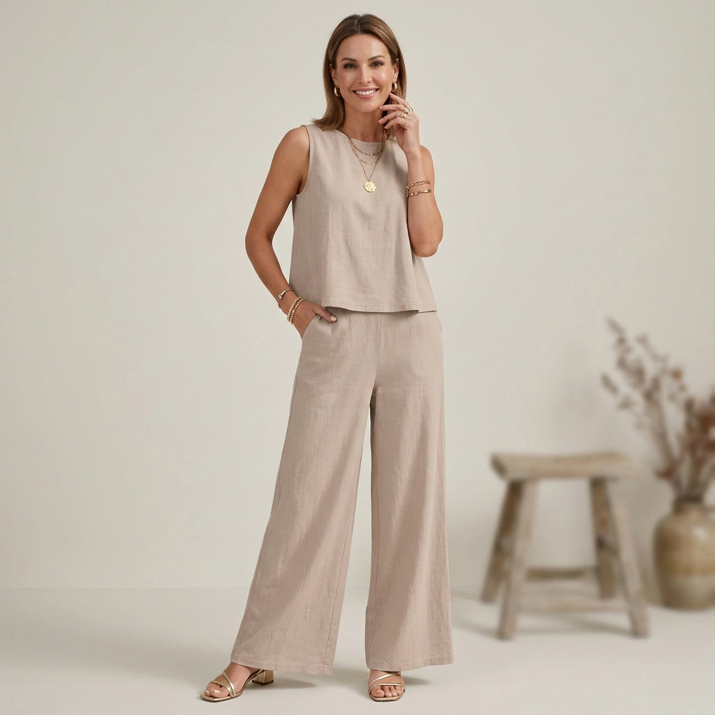 Zweiteiler mit weiter Hose aus Leinen Beige 2