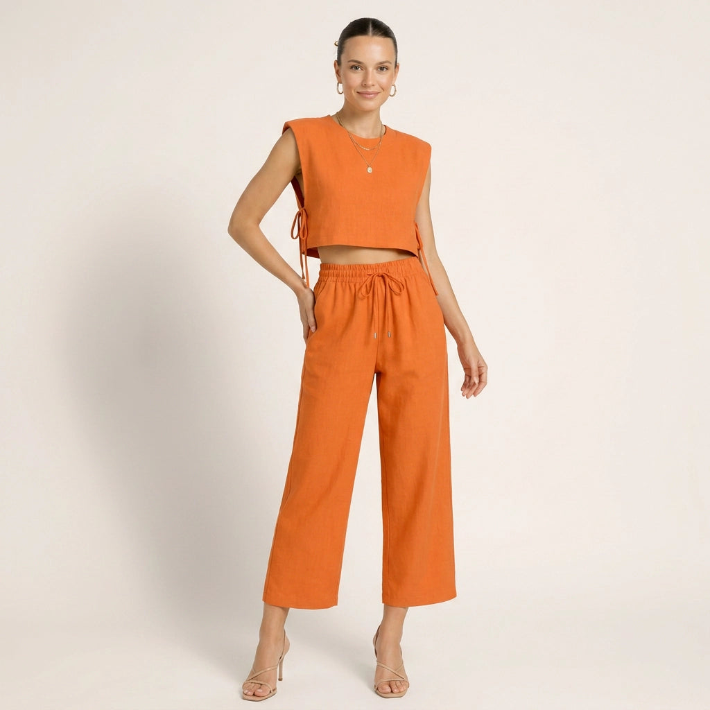 Zweiteiler mit weiter Hose aus Leinen im lässigen Stil Orange 1