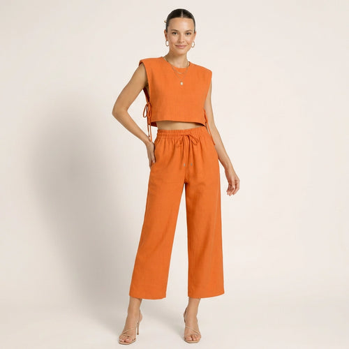 Zweiteiler mit weiter Hose aus Leinen im lässigen Stil Orange 1
