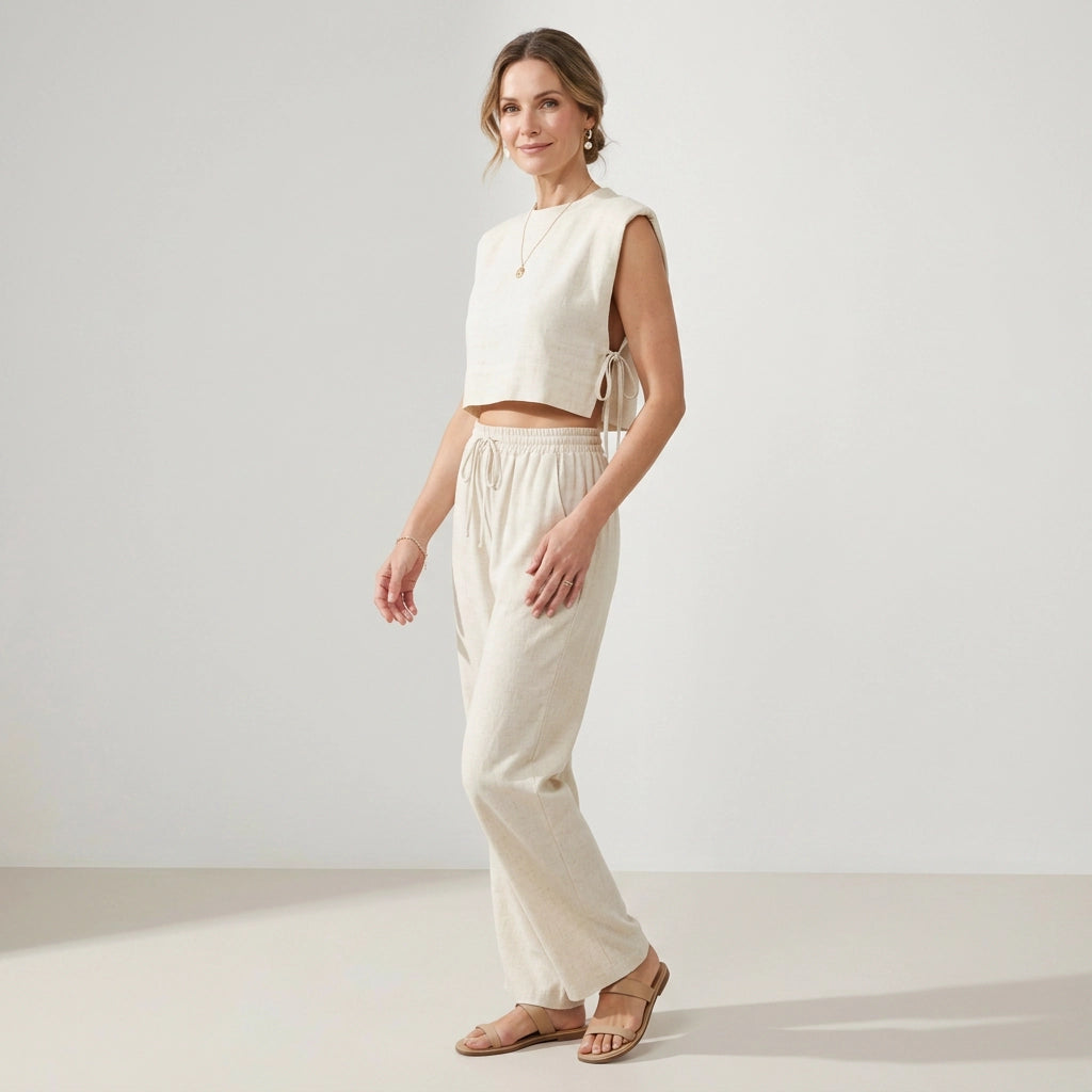 Zweiteiler mit weiter Hose aus Leinen im lässigen Stil Beige 5