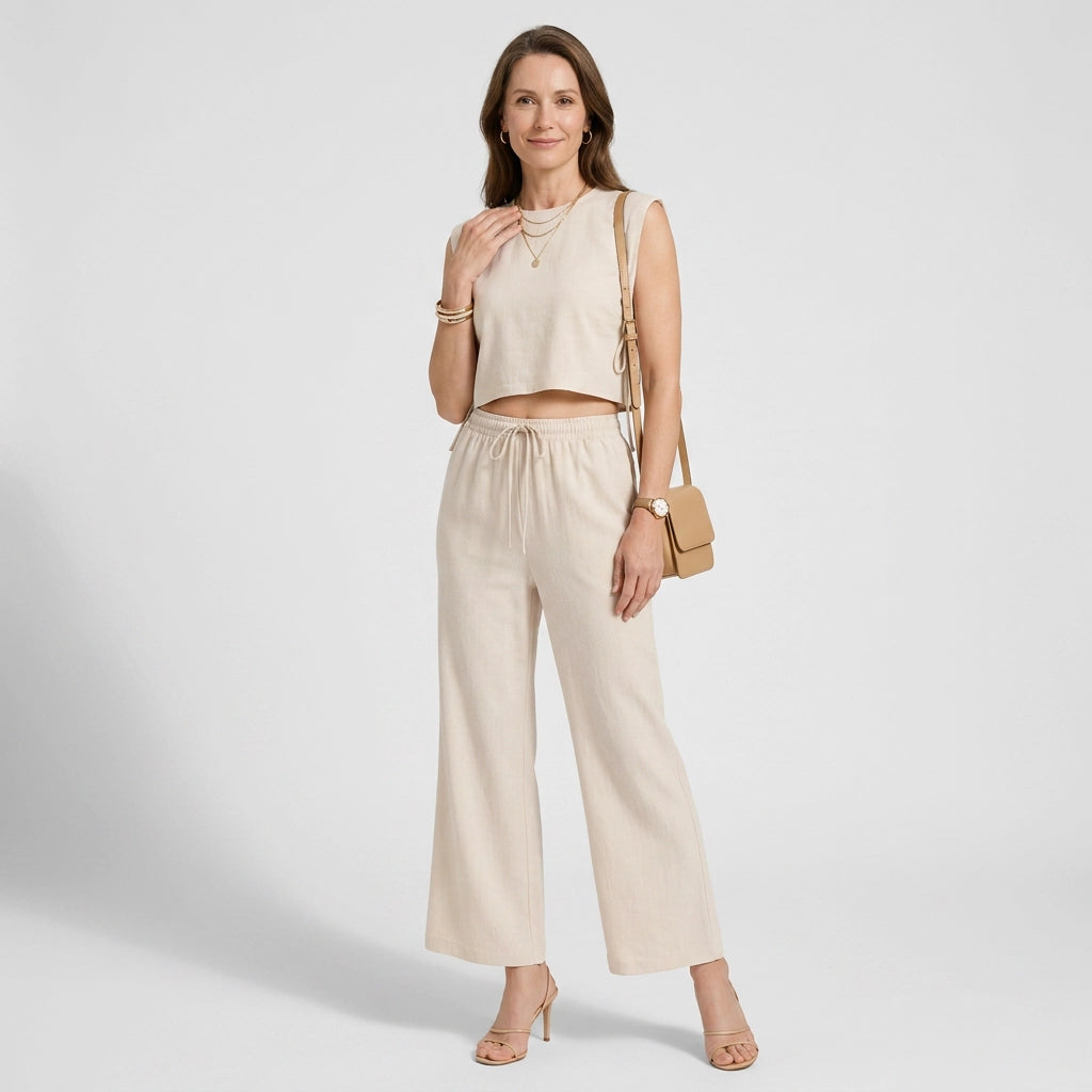 Zweiteiler mit weiter Hose aus Leinen im lässigen Stil Beige 6